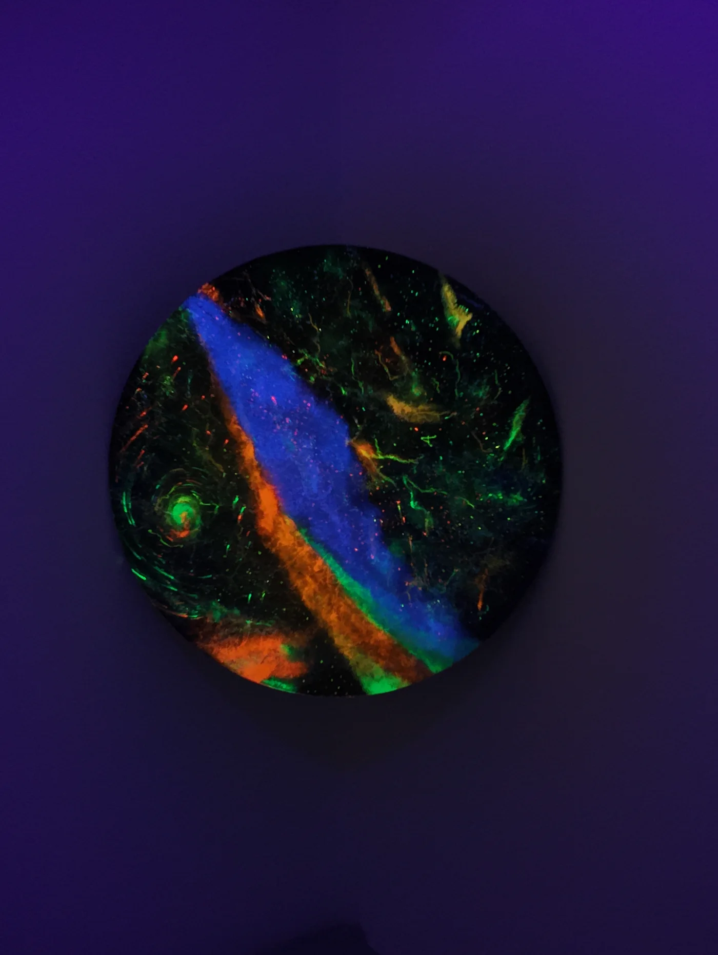 Cosmic Symphony, Wooden canvas,fluorescent pigment and powder, neon pencils, acrylics, lacquer and glue, UV light