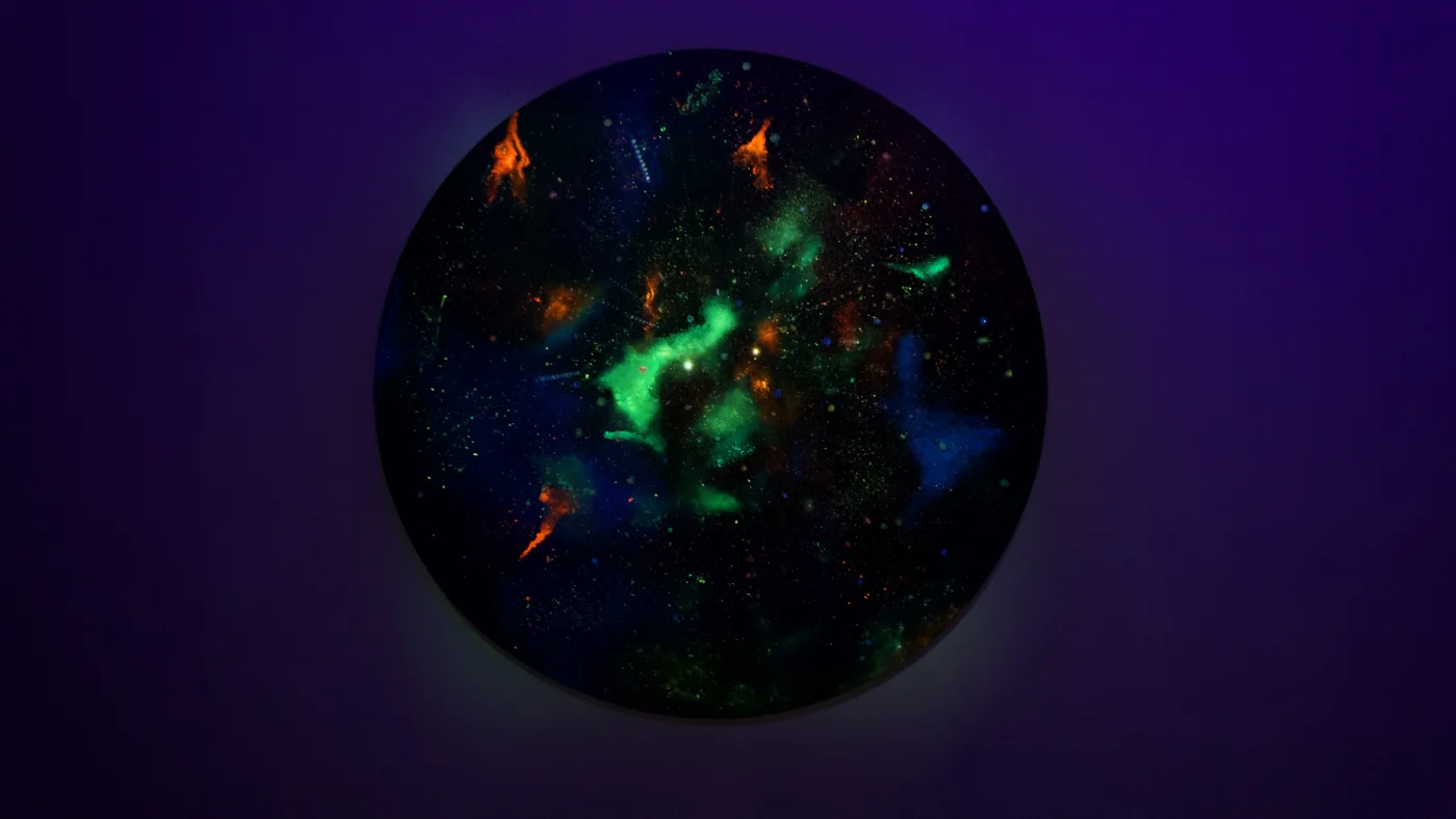 Celestial Messengers, Wooden canvas,fluorescent pigment and powder, neon pencils, acrylics, lacquer and glue, UV light