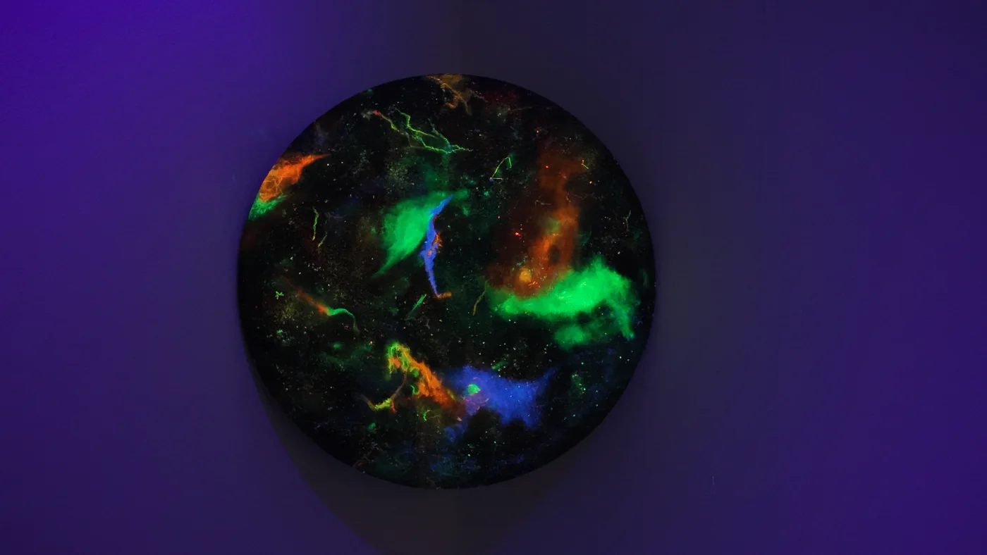 Nebulae Visions, Wooden canvas,fluorescent pigment and powder, neon pencils, acrylics, lacquer and glue, UV light