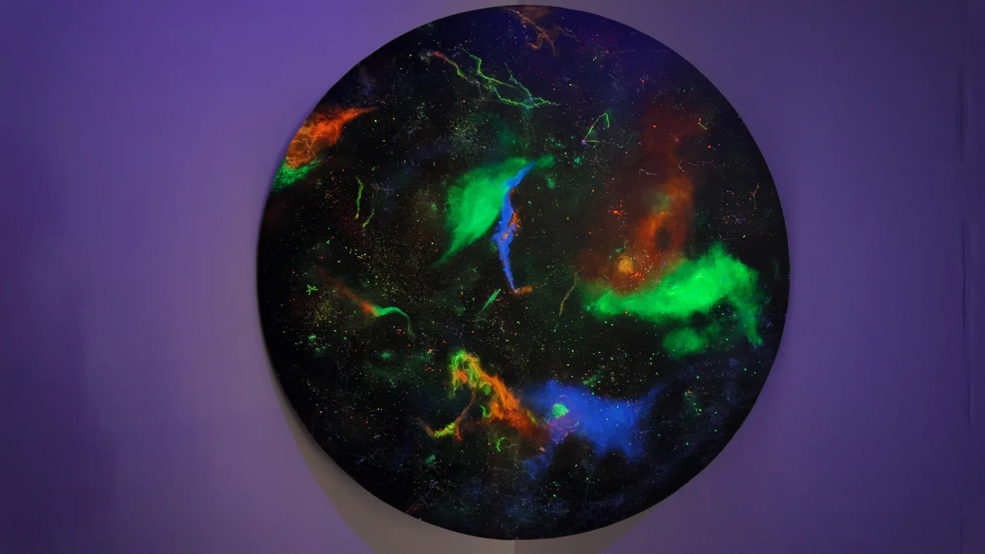 Nebulae Visions, Wooden canvas,fluorescent pigment and powder, neon pencils, acrylics, lacquer and glue, UV light